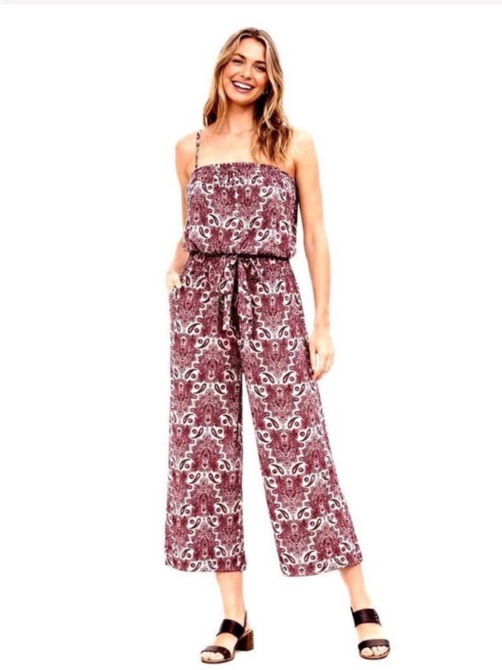 Maurices pink paisley jumpsuit  adjustable straps,tie waist,cropped wide-leg S